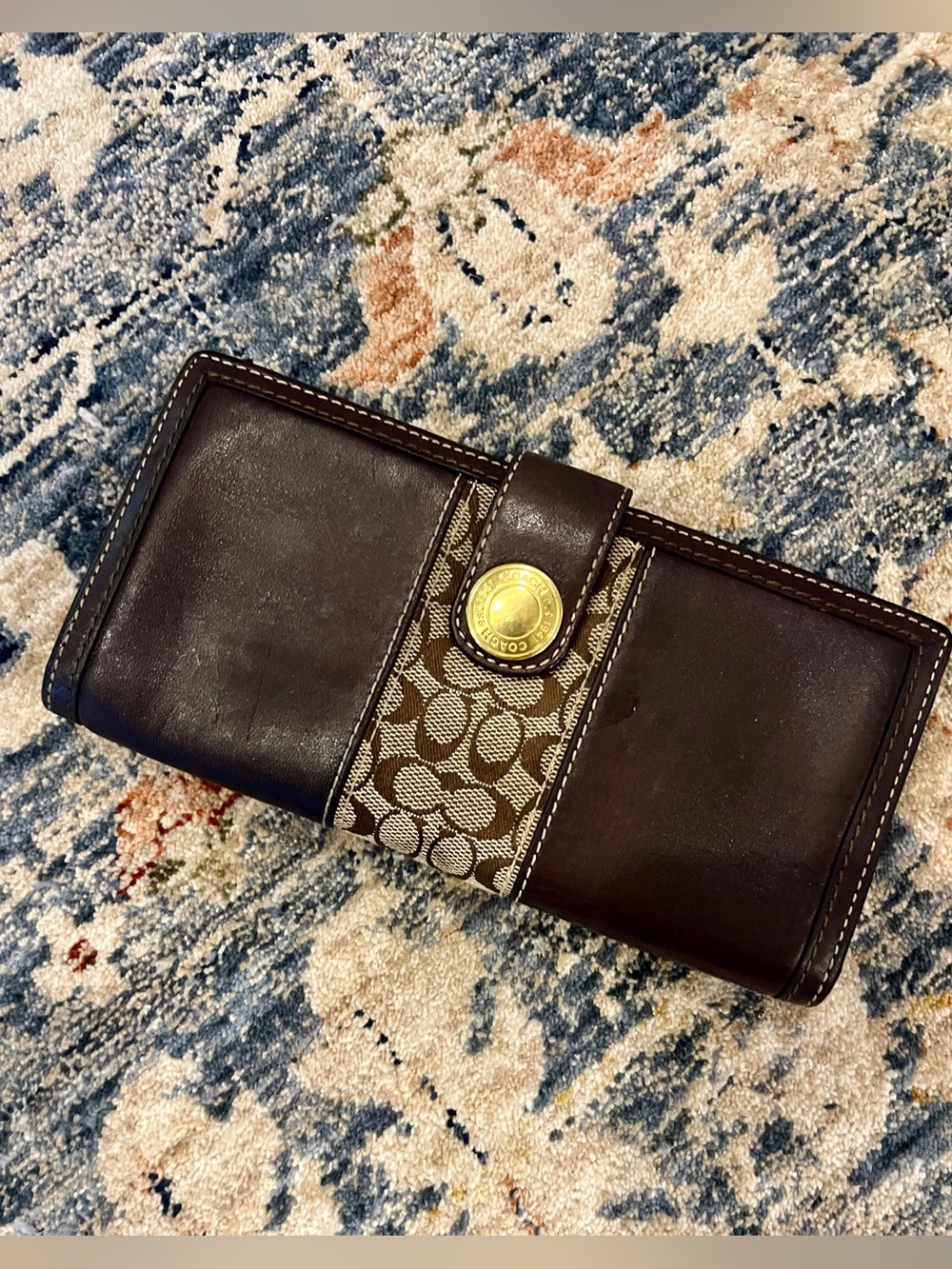 Coach Brown Leather and Signature Canvas Wallet with Gold-Tone Snap